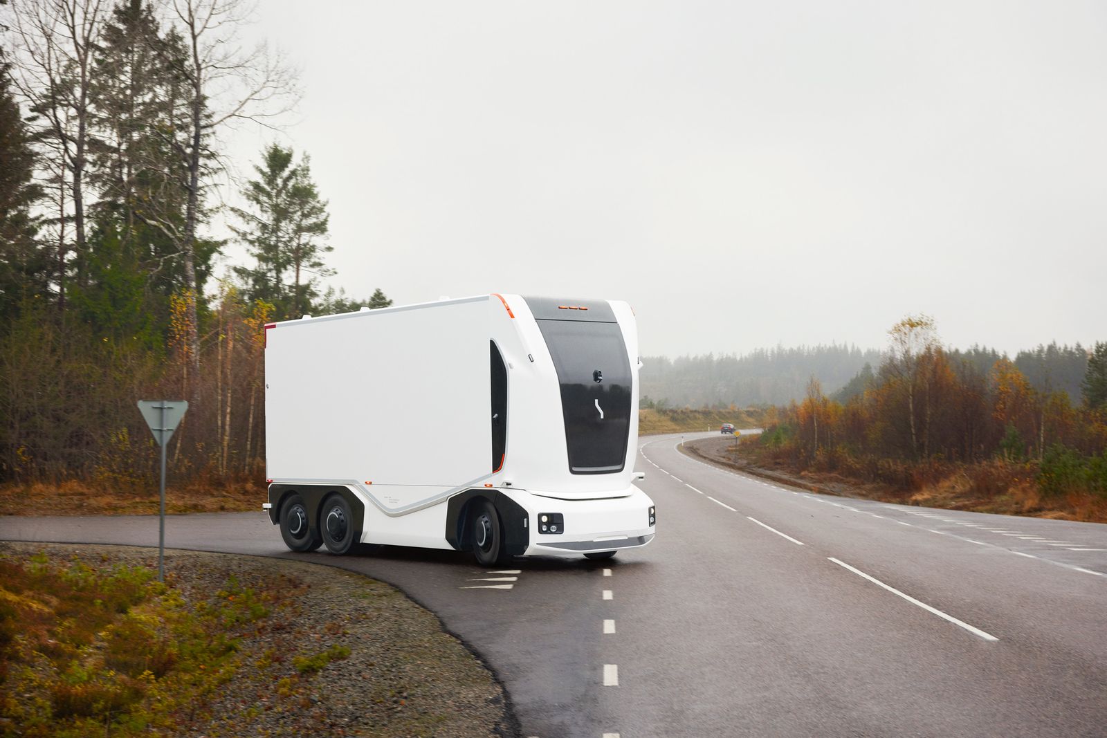 An Einride autonomous truck on an autumn road